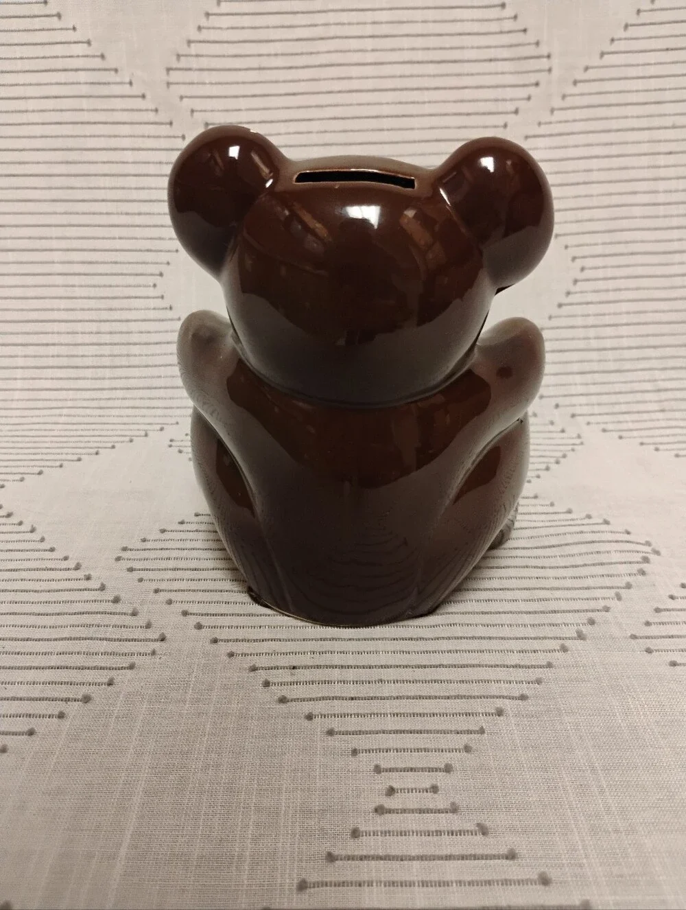 Vintage Brown Teddy Bear Ceramic Bank with Red Bow Made In Japan 70s